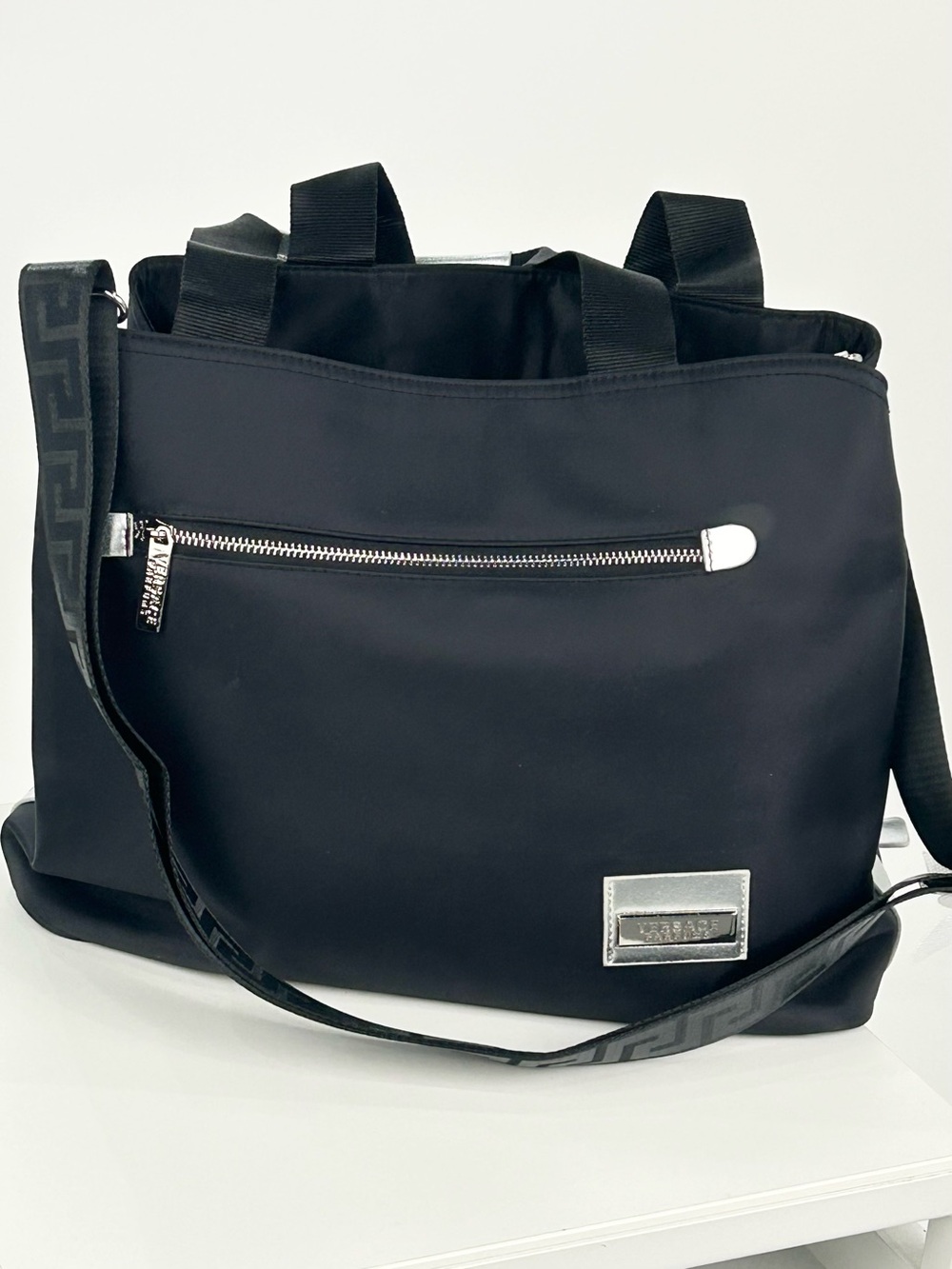 Versace Parfums Black Nylon Tote Bag Silver Greca Strap NWT No Tags
